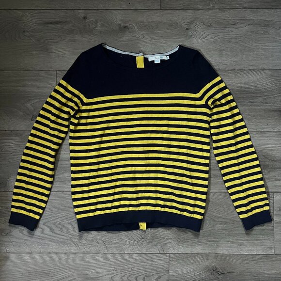 Boden Navy Blue & Yellow Striped Back Button Detail Crewneck XS Cashmere Blend - Picture 1 of 5